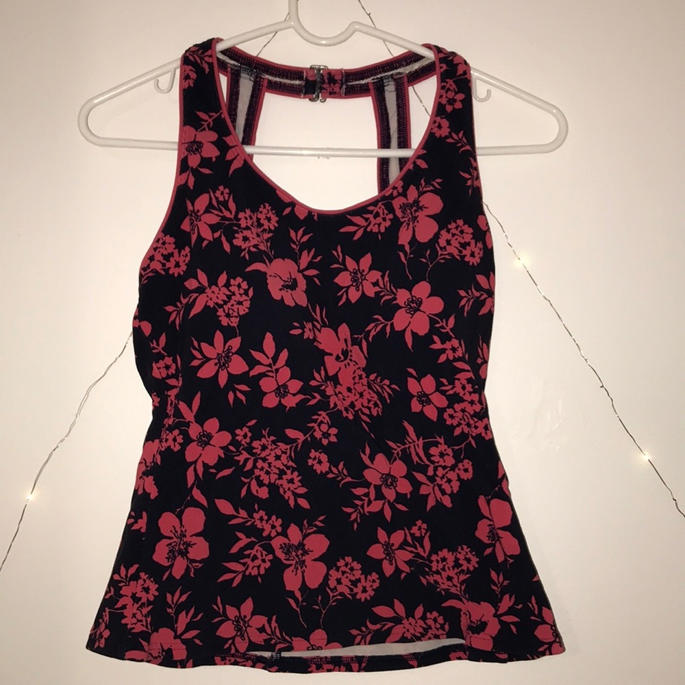 pink and black floral bathing suit top